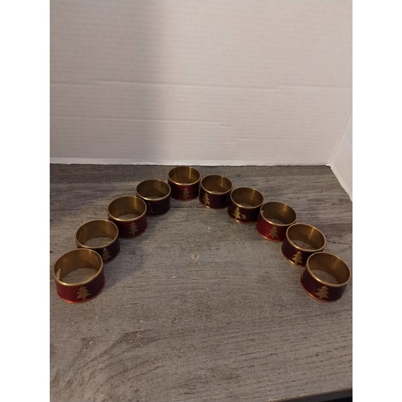 Set Of 10 Christmas Red Enameled Napkin Rings With Tree - Picture 4 of 6